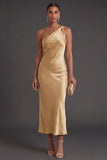 Gold Satin Mermaid One Shoulder Long Wedding Guest Dress
