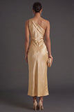 Gold Satin Mermaid One Shoulder Long Wedding Guest Dress