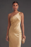 Gold Satin Mermaid One Shoulder Long Wedding Guest Dress