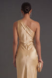 Gold Satin Mermaid One Shoulder Long Wedding Guest Dress