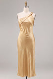 Gold Satin Mermaid One Shoulder Long Wedding Guest Dress