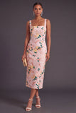 Pink Boydcon Square Neck Printed Midi Wedding Guest Dress with Slit