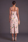 Pink Boydcon Square Neck Printed Midi Wedding Guest Dress with Slit