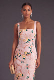 Pink Boydcon Square Neck Printed Midi Wedding Guest Dress with Slit
