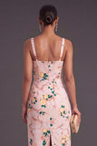 Pink Boydcon Square Neck Printed Midi Wedding Guest Dress with Slit