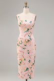 Pink Boydcon Square Neck Printed Midi Wedding Guest Dress with Slit