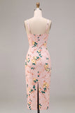 Pink Boydcon Square Neck Printed Midi Wedding Guest Dress with Slit