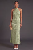 Light Green Mermaid Halter Floral Maxi Wedding Guest Dress