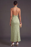 Light Green Mermaid Halter Floral Maxi Wedding Guest Dress
