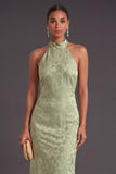 Light Green Mermaid Halter Floral Maxi Wedding Guest Dress