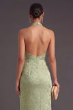 Light Green Mermaid Halter Floral Maxi Wedding Guest Dress