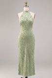 Light Green Mermaid Halter Floral Maxi Wedding Guest Dress