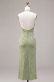 Light Green Mermaid Halter Floral Maxi Wedding Guest Dress