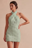 White Floral Halter Bodycon Short Bridal Shower Dress
