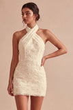 White Floral Halter Bodycon Short Bridal Shower Dress