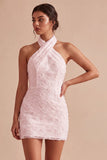 White Floral Halter Bodycon Short Bridal Shower Dress