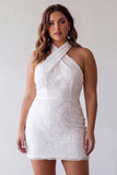 White Floral Halter Bodycon Short Bridal Shower Dress