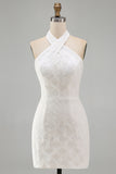 White Floral Halter Bodycon Short Bridal Shower Dress