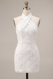 White Floral Halter Bodycon Short Bridal Shower Dress