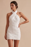 White Floral Halter Bodycon Short Bridal Shower Dress