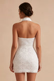 White Floral Halter Bodycon Short Bridal Shower Dress
