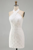 White Floral Halter Bodycon Short Bridal Shower Dress