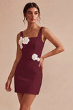 White Square Neck Bodycon Short Bridal Shower Dress with 3D Flowers