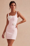 White Square Neck Bodycon Short Bridal Shower Dress with 3D Flowers