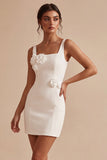 White Square Neck Bodycon Short Bridal Shower Dress with 3D Flowers