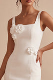 White Square Neck Bodycon Short Bridal Shower Dress with 3D Flowers