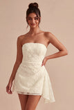 White Floral Strapless Bodycon Short Bridal Shower Dress with Ruffles