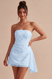 White Floral Strapless Bodycon Short Bridal Shower Dress with Ruffles