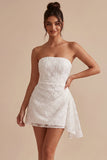 White Floral Strapless Bodycon Short Bridal Shower Dress with Ruffles