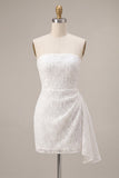 White Floral Strapless Bodycon Short Bridal Shower Dress with Ruffles