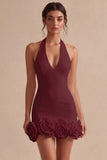 White Halter Bodycon Short Bridal Shower Dress with 3D Flowers