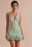 White Halter Bodycon Short Bridal Shower Dress with 3D Flowers