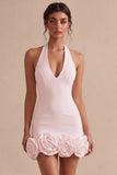 White Halter Bodycon Short Bridal Shower Dress with 3D Flowers