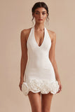 White Halter Bodycon Short Bridal Shower Dress with 3D Flowers