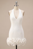 White Halter Bodycon Short Bridal Shower Dress with 3D Flowers