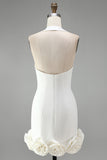 White Halter Bodycon Short Bridal Shower Dress with 3D Flowers
