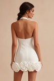 White Halter Bodycon Short Bridal Shower Dress with 3D Flowers