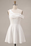 White A Line Ruched One Shoulder Short Bridal Shower Dress