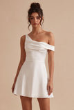 White A Line Ruched One Shoulder Short Bridal Shower Dress