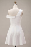 White A Line Ruched One Shoulder Short Bridal Shower Dress