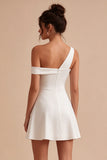 White A Line Ruched One Shoulder Short Bridal Shower Dress