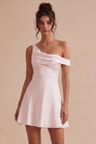 White A Line Ruched One Shoulder Short Bridal Shower Dress