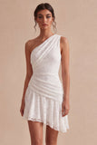 White Floral One Shoulder A Line Short Engagement Dress