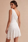 White Floral One Shoulder A Line Short Engagement Dress