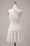 White Floral One Shoulder A Line Short Engagement Dress