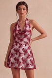 White Floral Halter A Line Short Engagement Dress